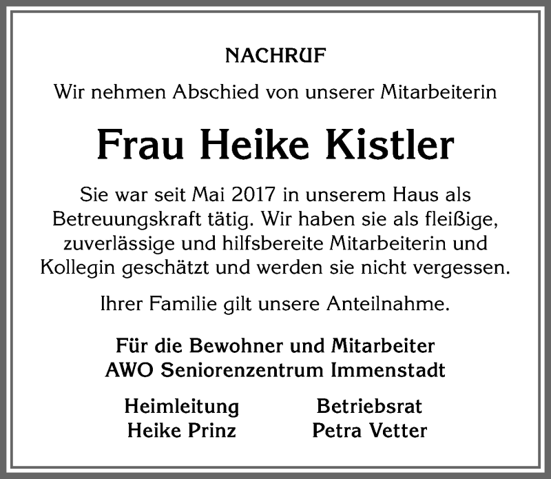  Traueranzeige für Heike Kistler vom 24.08.2019 aus Allgäuer Anzeigeblatt