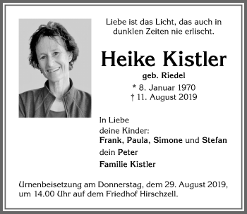 Traueranzeige von Heike Kistler von Allgäuer Zeitung