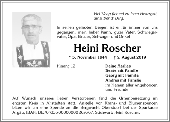 Traueranzeige von Heini Roscher von Allgäuer Anzeigeblatt