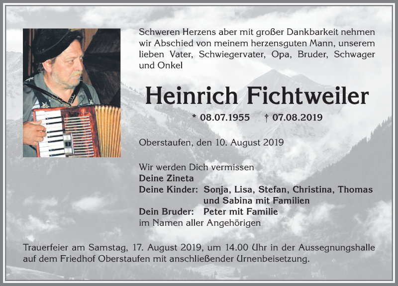 Traueranzeige für Heinrich Fichtweiler vom 10.08.2019 aus Allgäuer Anzeigeblatt