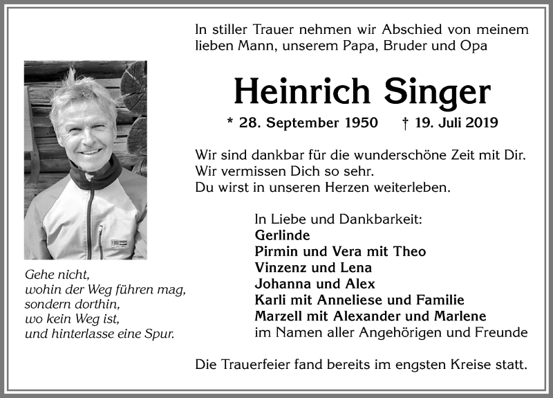  Traueranzeige für Heinrich Singer vom 01.08.2019 aus Allgäuer Anzeigeblatt