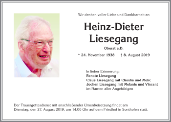 Traueranzeige von Heinz-Dieter Liesegang von Allgäuer Anzeigeblatt