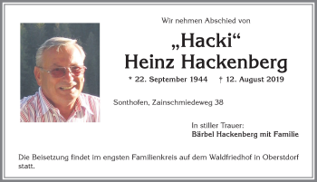 Traueranzeige von Heinz Hackenberg von Allgäuer Anzeigeblatt