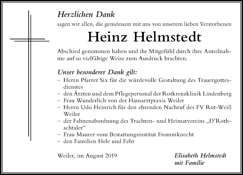  Traueranzeige für Heinz Helmstedt vom 09.08.2019 aus Der Westallgäuer