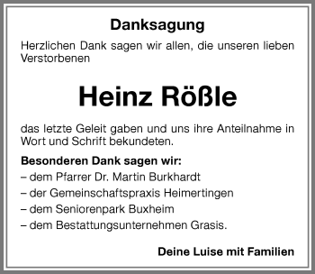 Traueranzeige von Heinz Rößle von Memminger Zeitung