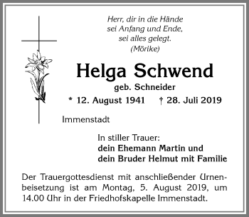 Traueranzeige von Helga Schwend von Allgäuer Anzeigeblatt