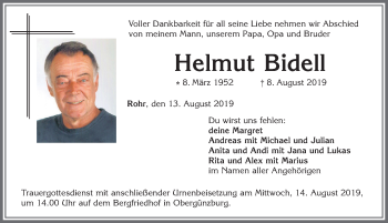 Traueranzeige von Helmut Bidell von Allgäuer Zeitung, Marktoberdorf