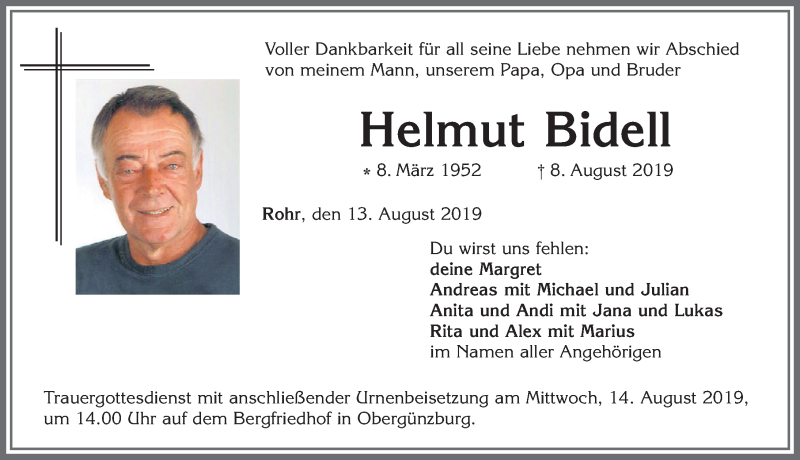  Traueranzeige für Helmut Bidell vom 13.08.2019 aus Allgäuer Zeitung, Marktoberdorf