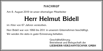 Traueranzeige von Helmut Bidell von Allgäuer Zeitung