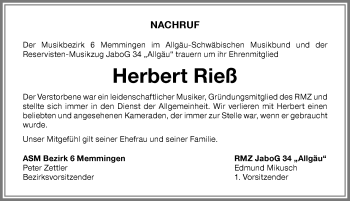 Traueranzeige von Herbert Rieß von Memminger Zeitung