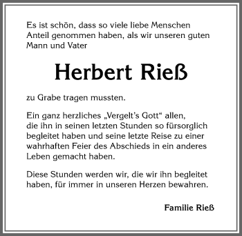 Traueranzeige von Herbert Rieß von Memminger Zeitung