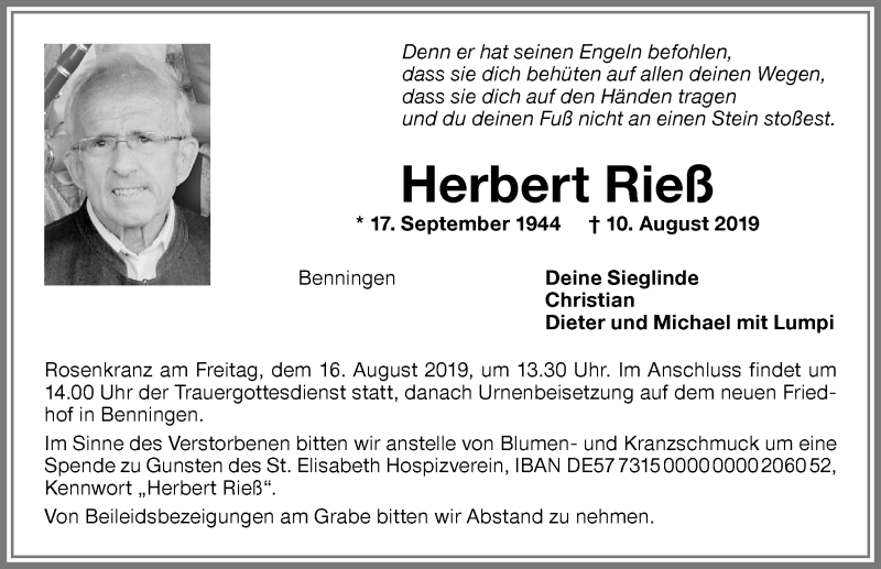  Traueranzeige für Herbert Rieß vom 13.08.2019 aus Memminger Zeitung