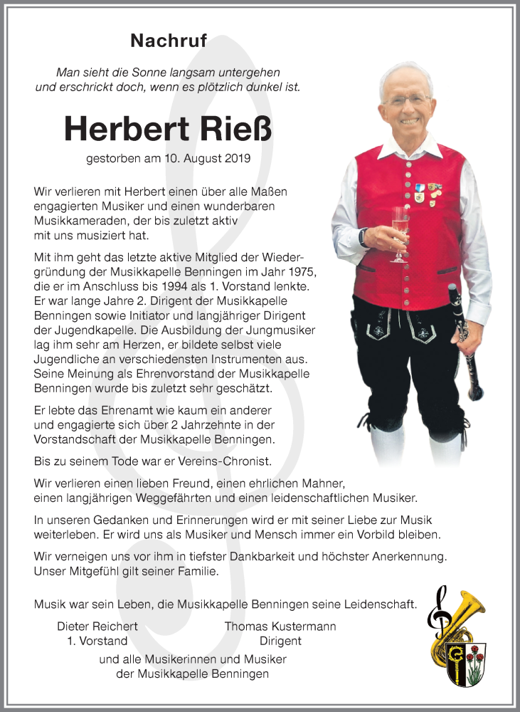  Traueranzeige für Herbert Rieß vom 16.08.2019 aus Memminger Zeitung