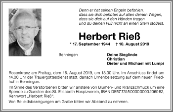 Traueranzeige von Herbert Rieß von Memminger Zeitung