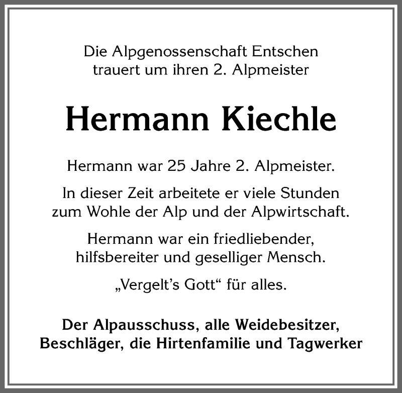  Traueranzeige für Hermann Kiechle vom 28.08.2019 aus Allgäuer Anzeigeblatt