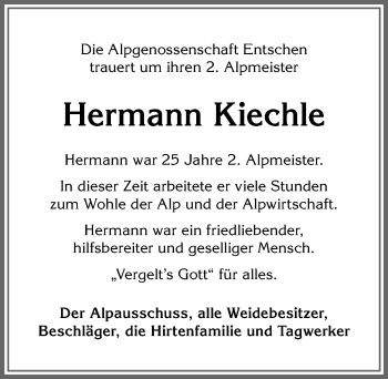 Traueranzeige von Hermann Kiechle von Allgäuer Anzeigeblatt