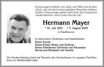 Traueranzeige von Hermann Mayer von Allgäuer Zeitung, Kaufbeuren/Buchloe