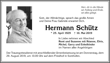 Traueranzeige von Hermann Schütz von Allgäuer Anzeigeblatt
