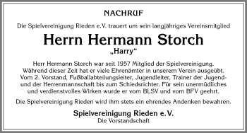 Traueranzeige von Hermann Storch von Allgäuer Zeitung, Kaufbeuren/Buchloe