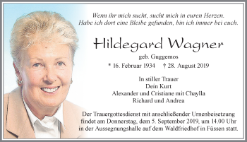 Traueranzeige von Hildegard Wagner von Allgäuer Zeitung, Füssen