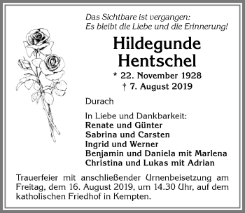 Traueranzeige von Hildegunde Hentschel von Allgäuer Zeitung,Kempten