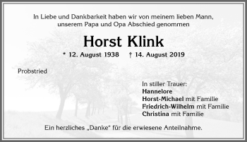 Traueranzeige von Horst Klink von Allgäuer Zeitung,Kempten