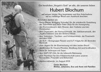 Traueranzeige von Hubert Blochum von Allgäuer Zeitung, Füssen