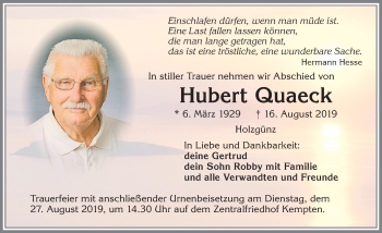 Traueranzeige von Hubert Quaeck von Allgäuer Zeitung,Kempten