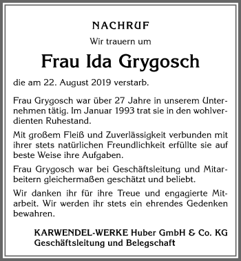Traueranzeige von Ida Grygosch von Allgäuer Zeitung, Kaufbeuren/Buchloe