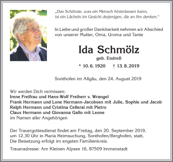 Traueranzeige von Ida Schmölz von Allgäuer Anzeigeblatt
