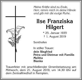 Traueranzeige von Ilse Franziska Hilgert von Allgäuer Anzeigeblatt