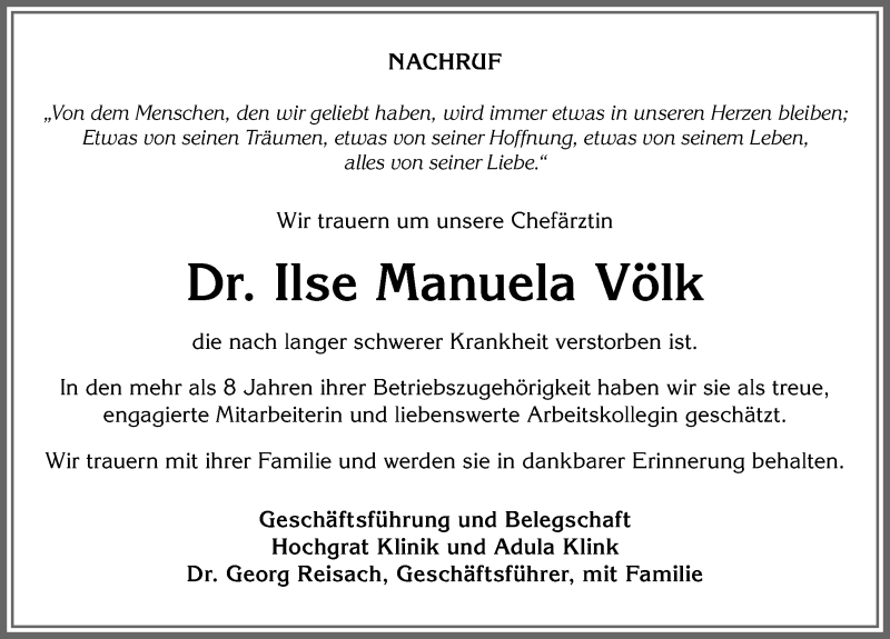  Traueranzeige für Ilse Manuela Völk vom 24.08.2019 aus Allgäuer Zeitung, Gesamtausgabe