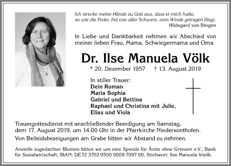 Traueranzeige für Ilse Manuela Völk vom 14.08.2019 aus Allgäuer Zeitung