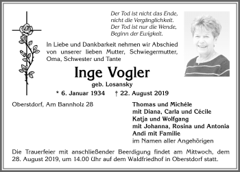 Traueranzeige von Inge Vogler von Allgäuer Anzeigeblatt
