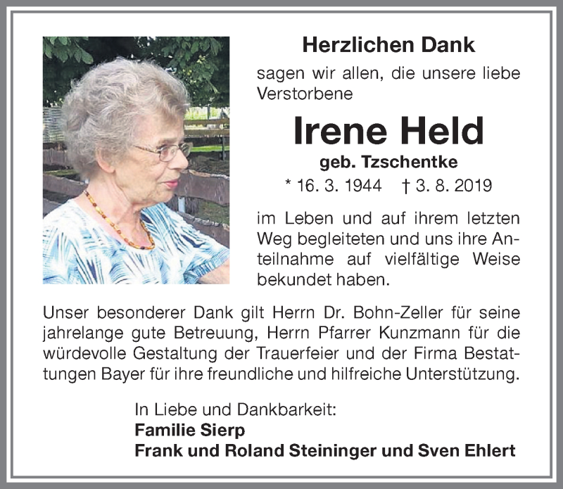  Traueranzeige für Irene Held vom 10.08.2019 aus Memminger Zeitung