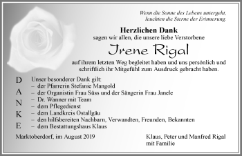 Traueranzeige von Irene Rigal von Allgäuer Zeitung, Marktoberdorf