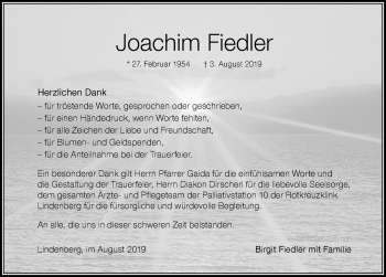 Traueranzeige von Joachim Fiedler von Der Westallgäuer