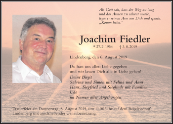 Traueranzeige von Joachim Fiedler von Der Westallgäuer