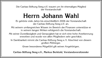 Traueranzeige von Johann Wahl von Allgäuer Zeitung, Füssen