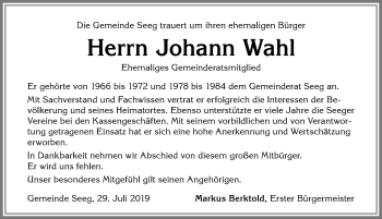 Traueranzeige von Johann Wahl von Allgäuer Zeitung, Füssen