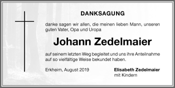 Traueranzeige von Johann Zedelmaier von Memminger Zeitung