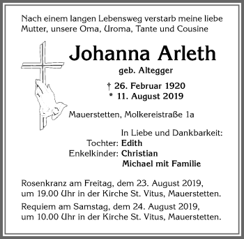 Traueranzeige von Johanna Arleth von Allgäuer Zeitung, Kaufbeuren/Buchloe
