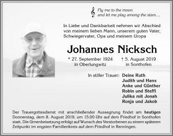 Traueranzeige von Johannes Nicksch von Allgäuer Anzeigeblatt
