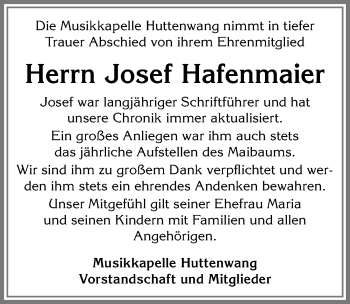Traueranzeige von Josef Hafenmaier von Allgäuer Zeitung, Marktoberdorf