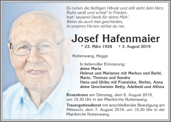 Traueranzeige von Josef Hafenmaier von Allgäuer Zeitung, Marktoberdorf