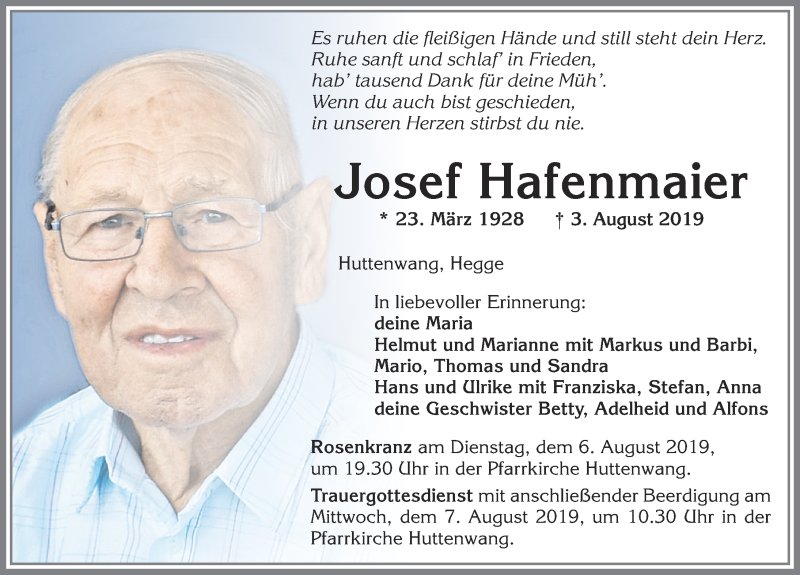  Traueranzeige für Josef Hafenmaier vom 05.08.2019 aus Allgäuer Zeitung, Marktoberdorf