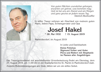 Traueranzeige von Josef Hakel von Allgäuer Zeitung, Marktoberdorf