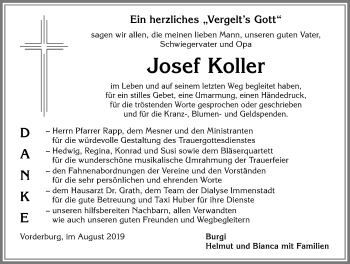 Traueranzeige von Josef Koller von Allgäuer Anzeigeblatt