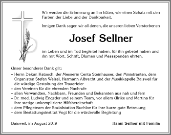 Traueranzeige von Josef Sellner von Allgäuer Zeitung, Kaufbeuren/Buchloe