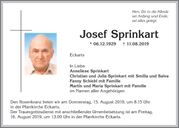 Traueranzeige von Josef Sprinkart von Allgäuer Anzeigeblatt